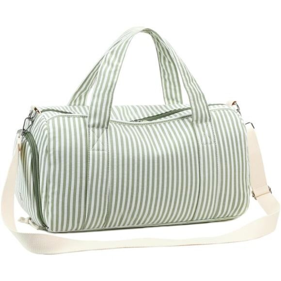 Duffle Bag Girls Kids Cute Gym Bag Green White Stripes